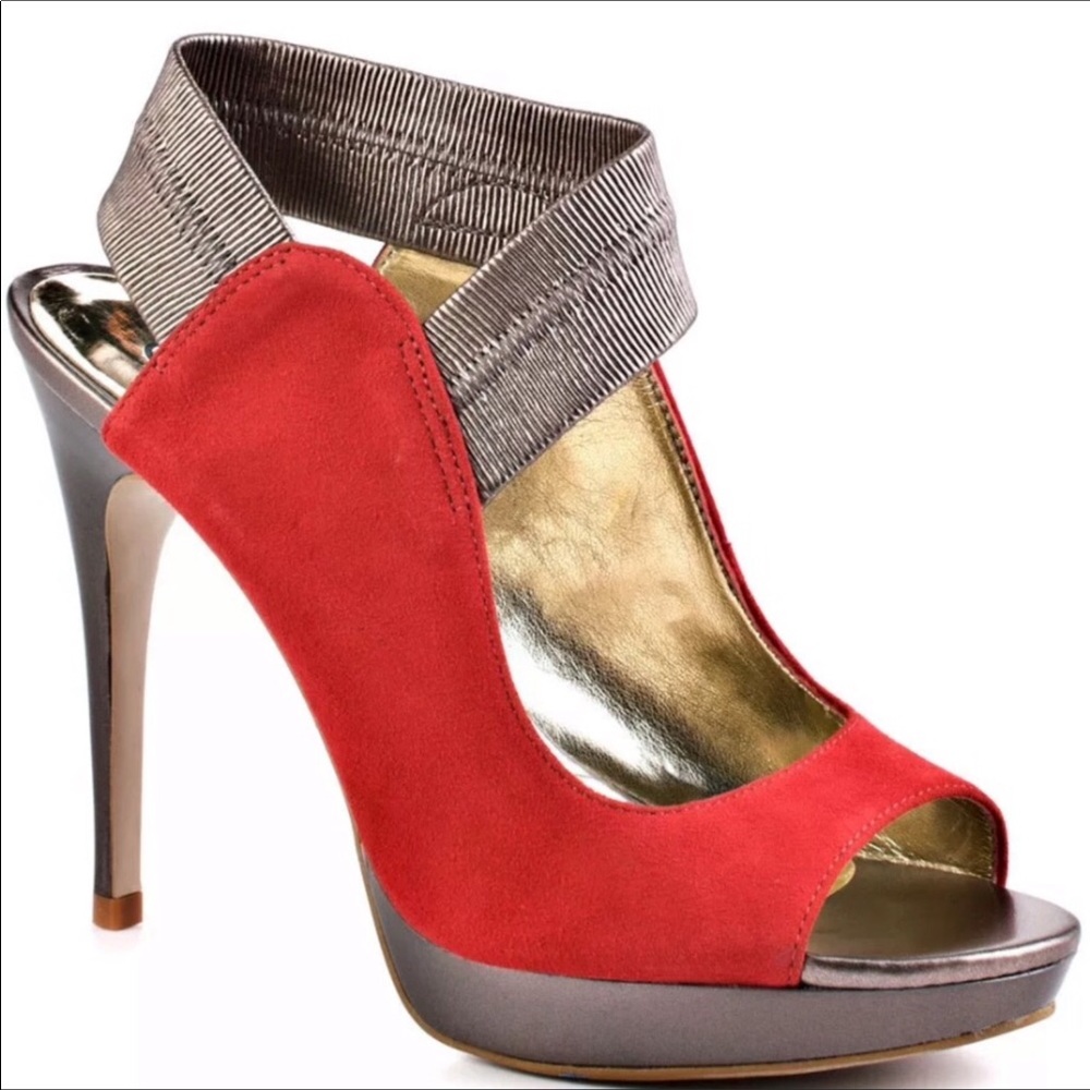 Carlos Santana open toe red suede stillettos